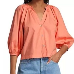 Staud Dill Poplin V Neck Top Coral Blouse Balloon Sleeve